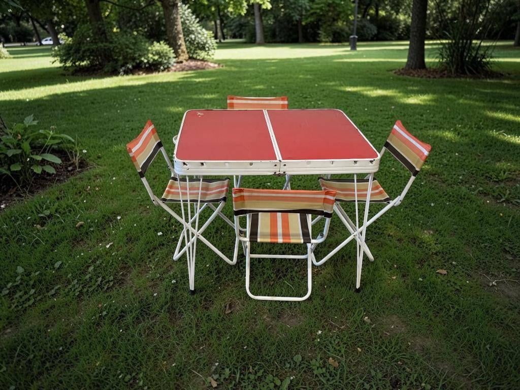 vintage kampeerset: tafel en 4 stoelen, Caravans en Kamperen, Kampeermeubelen, Ophalen, Campingstoel