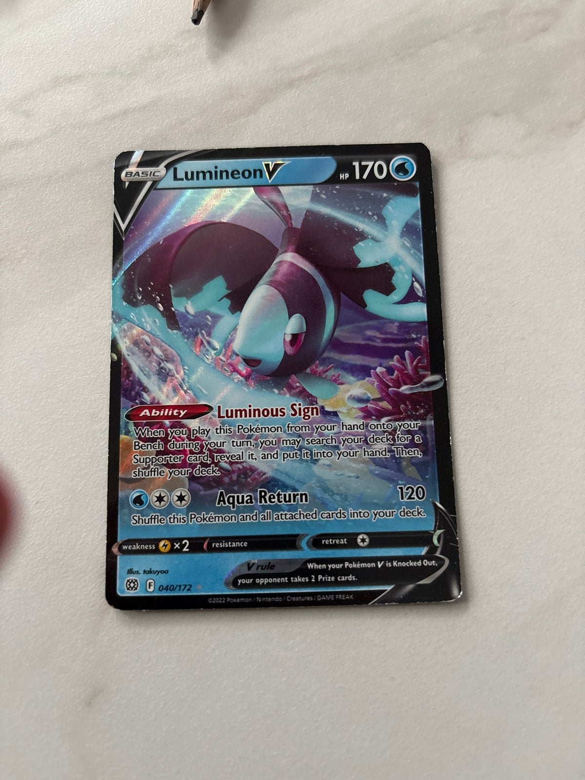 Lumineon V Pokémon kaart (040/172) - Zo goed als nieuw, Ophalen of Verzenden, Zo goed als nieuw, Losse kaart, Foil