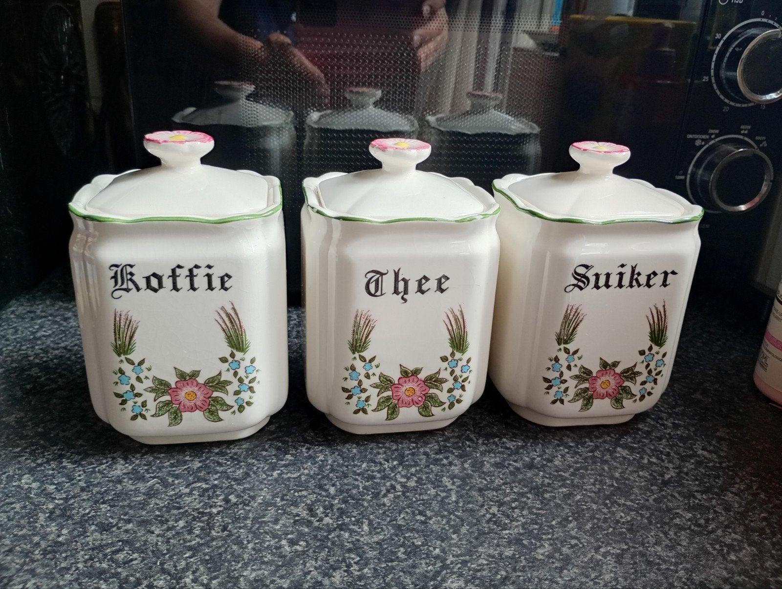 Vintage voorraadpotten set - Koffie, Thee, Suiker, Gebruikt, Ophalen of Verzenden, Voorraadpot, Steen/keramiek