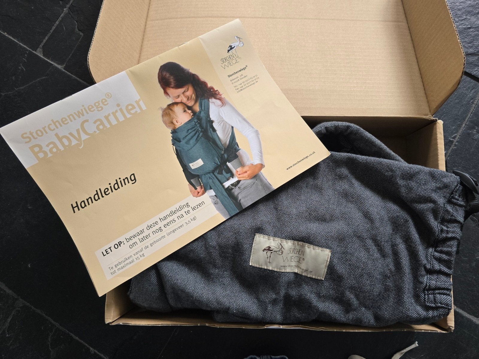 Storchenwiege Babycarrier Draagzak Graphite met Handleiding, Overige merken, Buik of Rug, Ophalen of Verzenden, Zo goed als nieuw