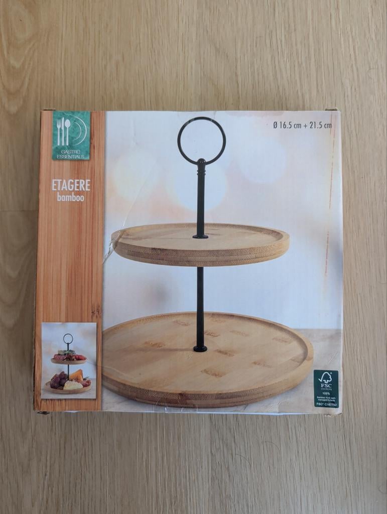 Nieuwe bamboe etagere - 2 lagen, Ø 16.5 cm + 21.5 cm, Ophalen of Verzenden, Nieuw