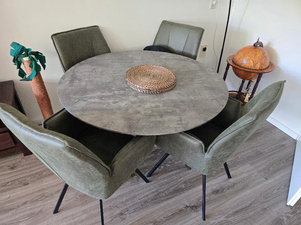 MOET WEG! Betonlook ronde eettafel met 4 eetkamerstoelen, Gebruikt, Rond, Industrieel modern met botanische accenten, Vier personen