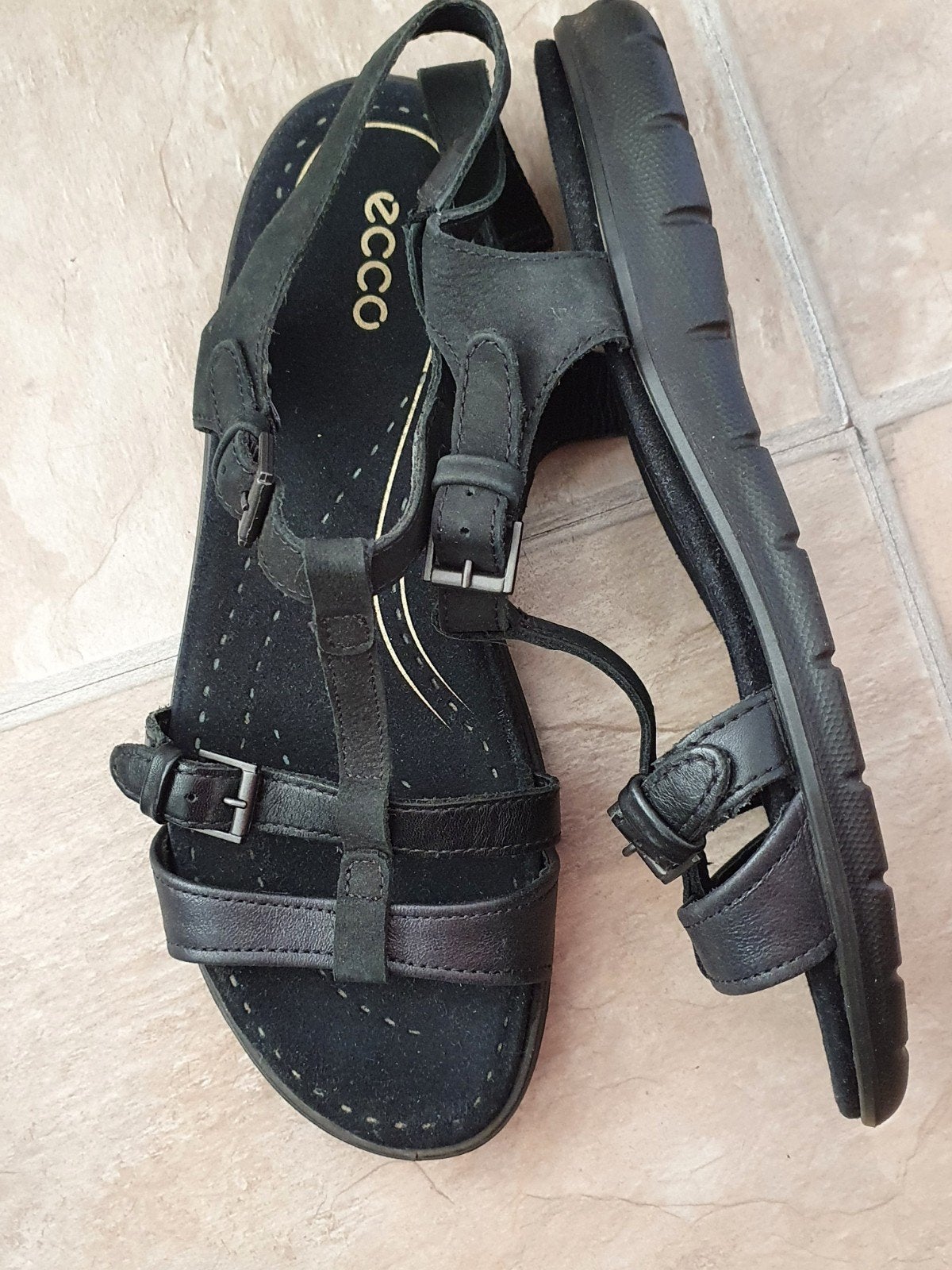 Ecco Zwarte Leren Comfortabele Sandalen Maat 40, Ecco, Zwart, Zo goed als nieuw, Sandalen of Muiltjes