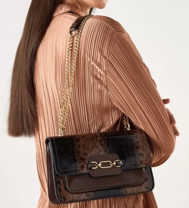 Sasha Tia crossbody dierenprint,ketting riem bruin goud Oman, Ophalen of Verzenden, Nieuw, Bruin, Schoudertasje