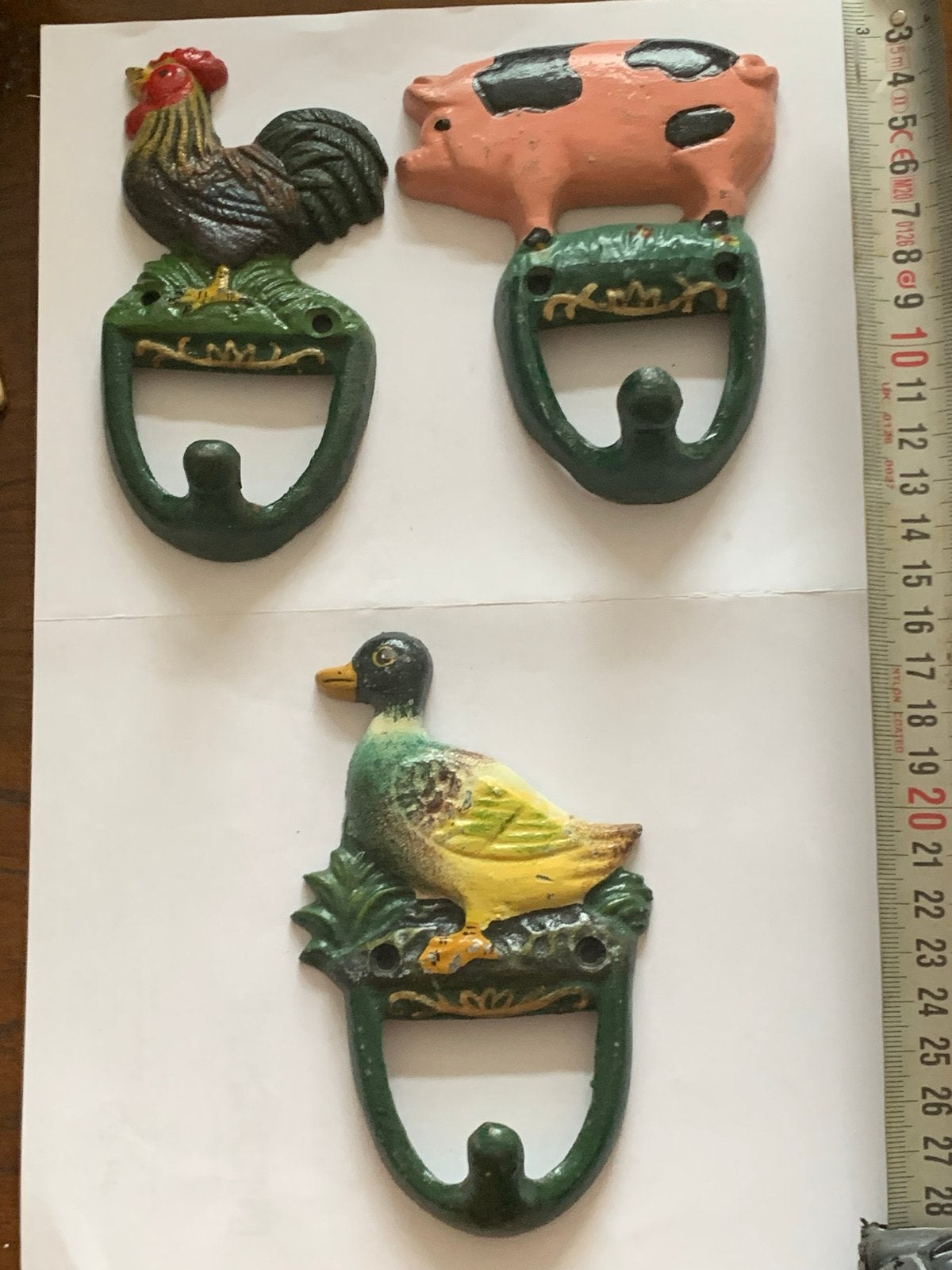 Set van 3 gietijzeren kapstokhaken: haan, varken, eend, Ophalen, Gebruikt, Wandhaken, Minder dan 100 cm