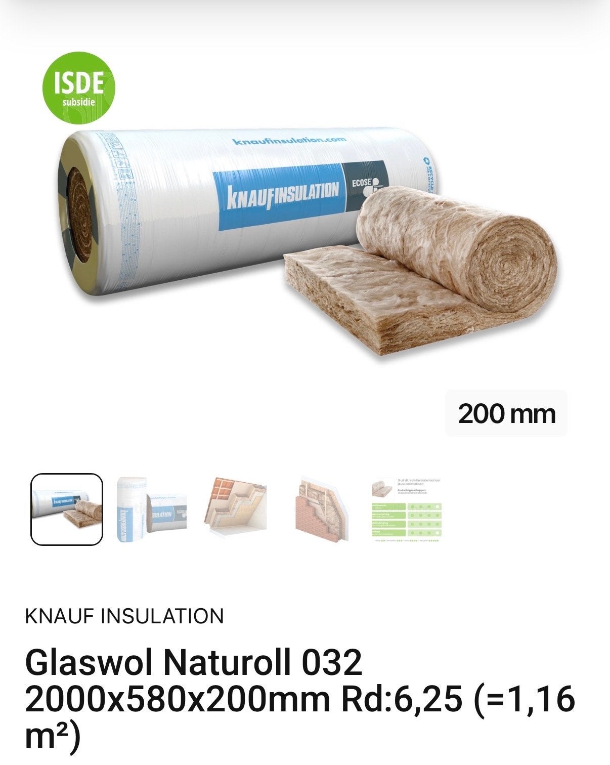 Knauf Naturoll 032 Glaswol Isolatie 200mm dik,4 meter 2.32m2, Ophalen, Nieuw, Minder dan 5 m², Glaswol