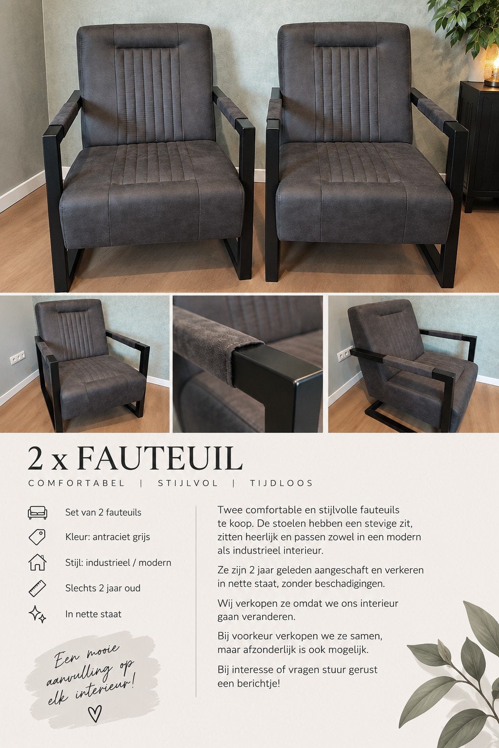 2 fauteuils – antraciet – grijs, Huis en Inrichting, Ophalen, Zo goed als nieuw, Minder dan 75 cm, 50 tot 75 cm