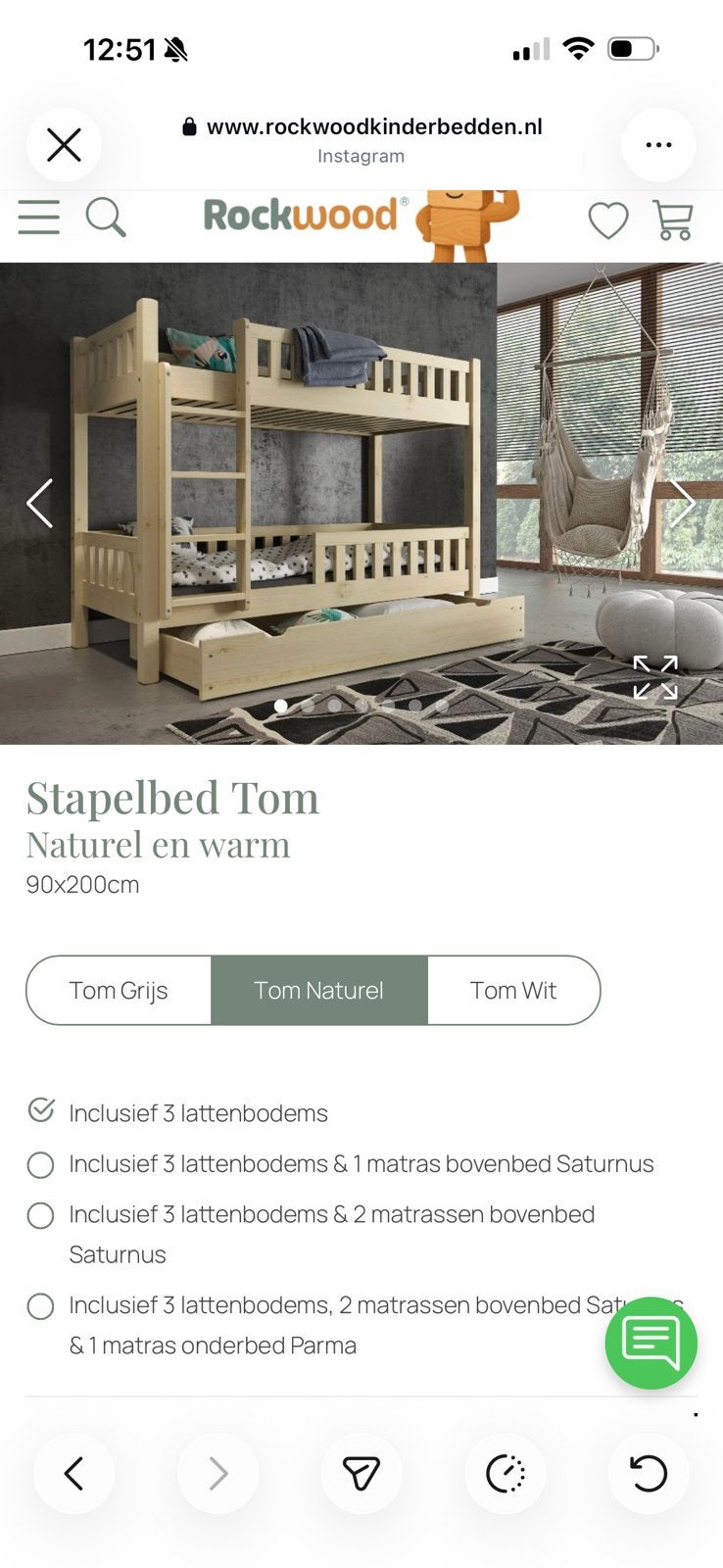 Rockwood Stapelbed Tom Naturel en warm 90x200cm, Ophalen, 90 cm, Tweepersoons, Zo goed als nieuw