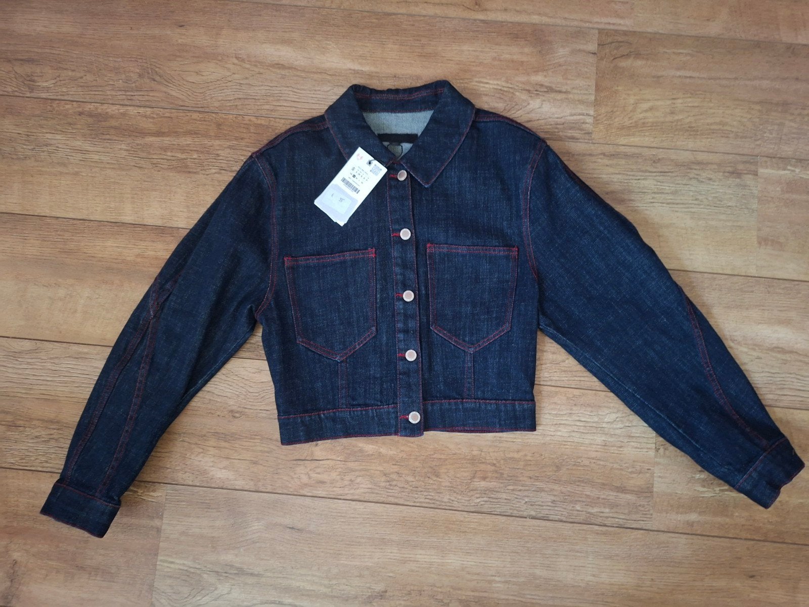 Zara spijkerjasje met rode stiksels - Maat S, Blauw, Zara, Nieuw, Ophalen of Verzenden