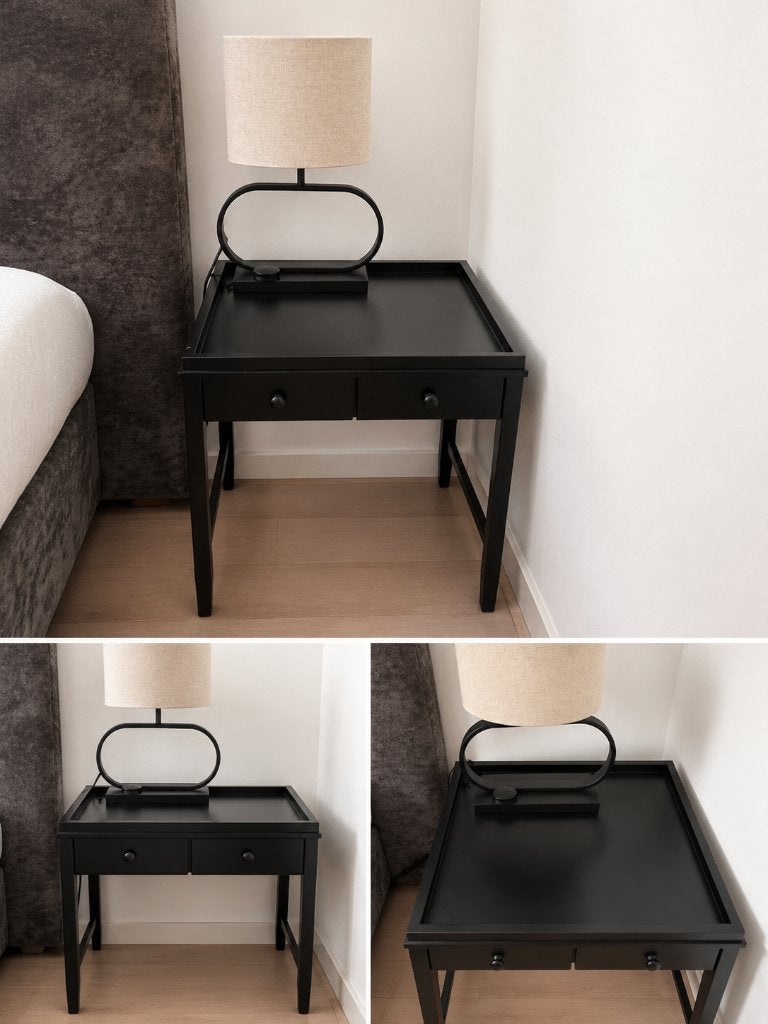Eichholtz zwart nachtkastje / bijzettafel met 2 lades, Ophalen, Gebruikt, Minder dan 55 cm, 45 tot 60 cm