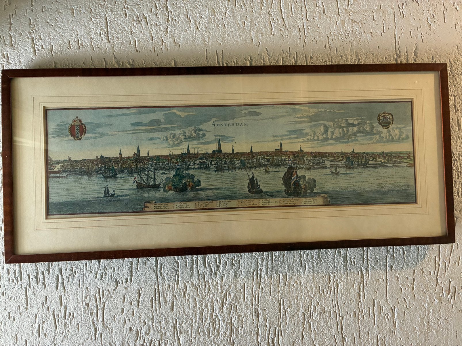 panorama Amsterdam – Caspar Merian 1659 Handgekleurd + Pfann, Antiek en Kunst, Kunst | Etsen en Gravures, Ophalen of Verzenden