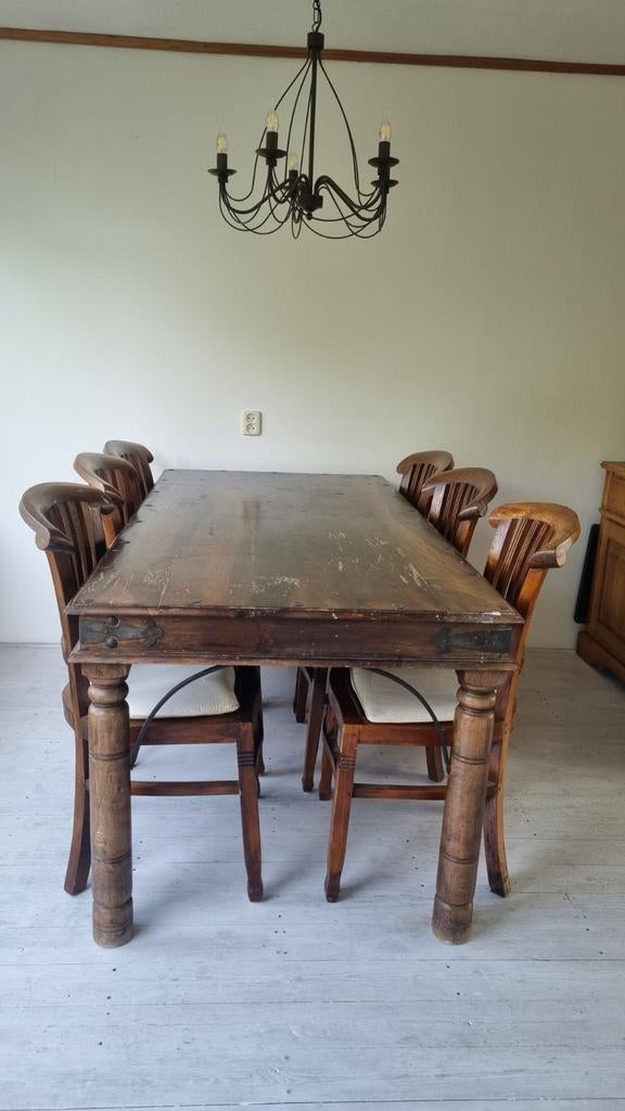 Teakhouten tafel en 6 stoelen, Ophalen of Verzenden, Gebruikt, 4 tot 6 stoelen
