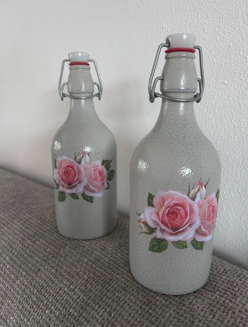 Decoratieve flessen met rozenprint - Set van 2 kruik roos, Ophalen of Verzenden