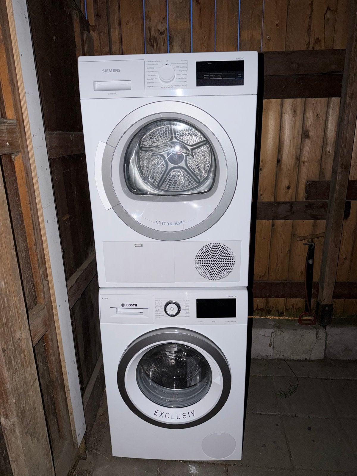 Siemens Extraklasse droger en Bosch Exclusiv wasmachine, 8 tot 10 kg, Ophalen, Zo goed als nieuw, 95 cm of meer