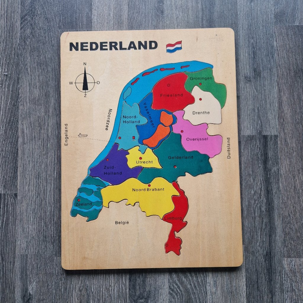 Houten Nederland puzzel – provincies / landkaart., Kinderen en Baby's, Ophalen of Verzenden, 10 tot 50 stukjes, Gebruikt, 6 jaar of ouder