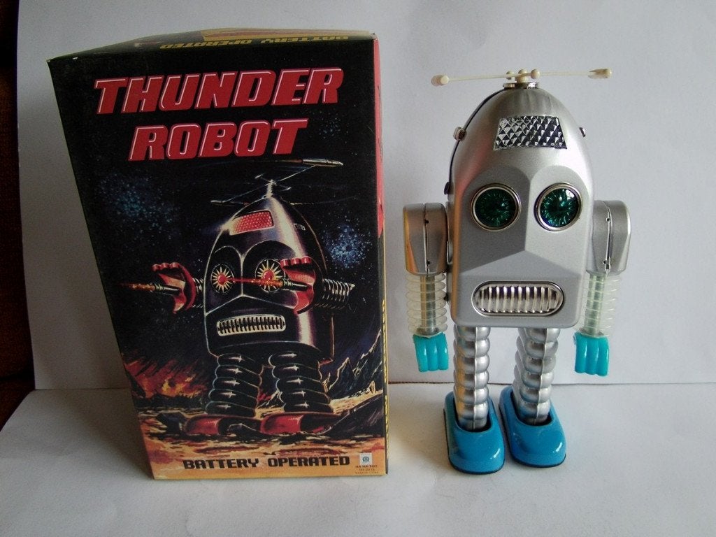 Oude blikken Ha Ha Toy Thunder Robot met Doos, grijs. China, Verzamelen, Ophalen of Verzenden, Zo goed als nieuw