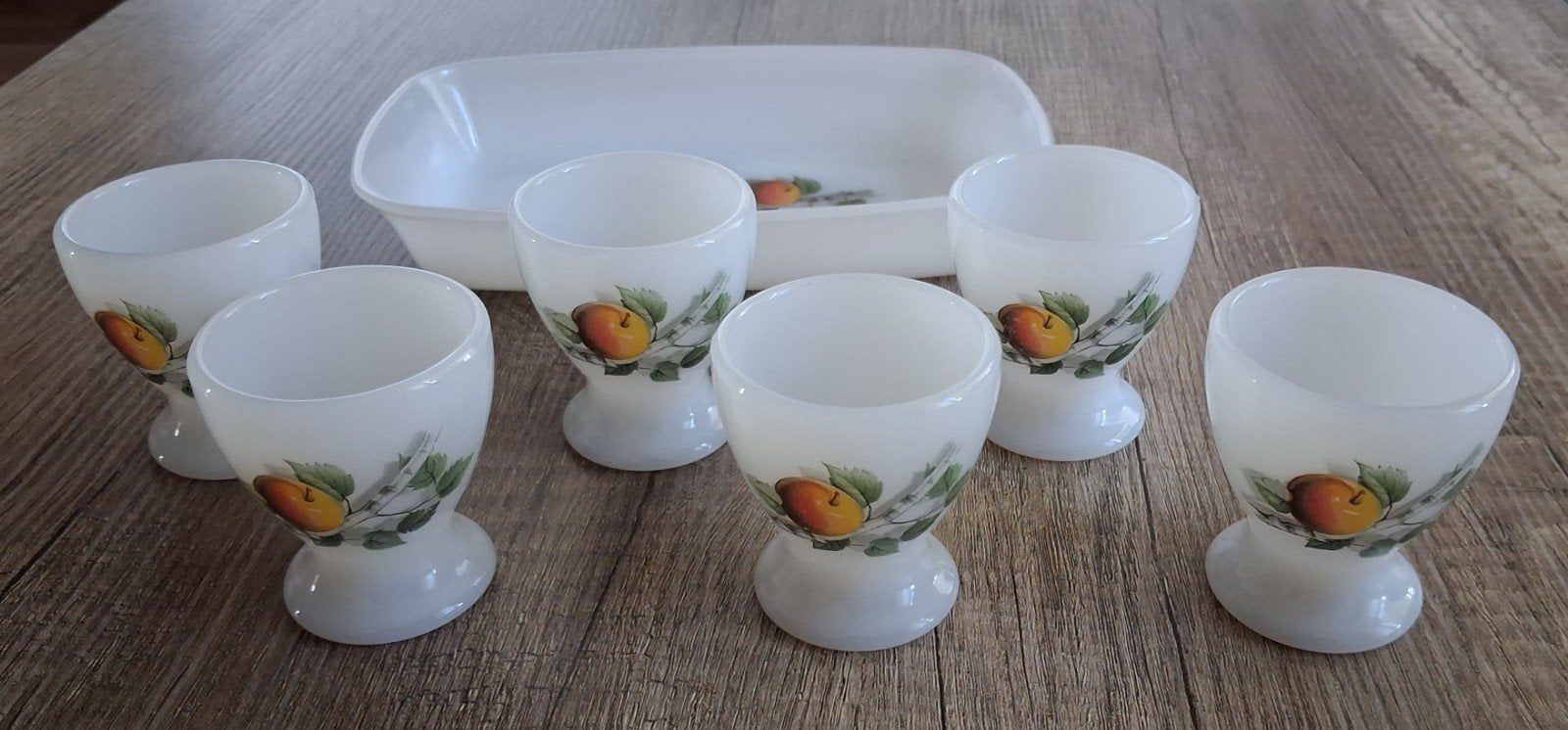 Vintage Arcopal serveerschaaltje en 6 eierdopjes., Antiek en Kunst, Ophalen