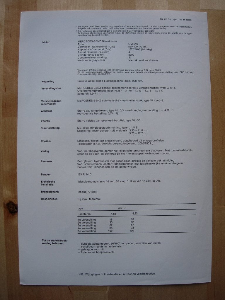 Mercedes 407 Specificatie Brochure 1982 BG - 407D, Boeken, Zo goed als nieuw, Mercedes-Benz, Mercedes, Ophalen of Verzenden