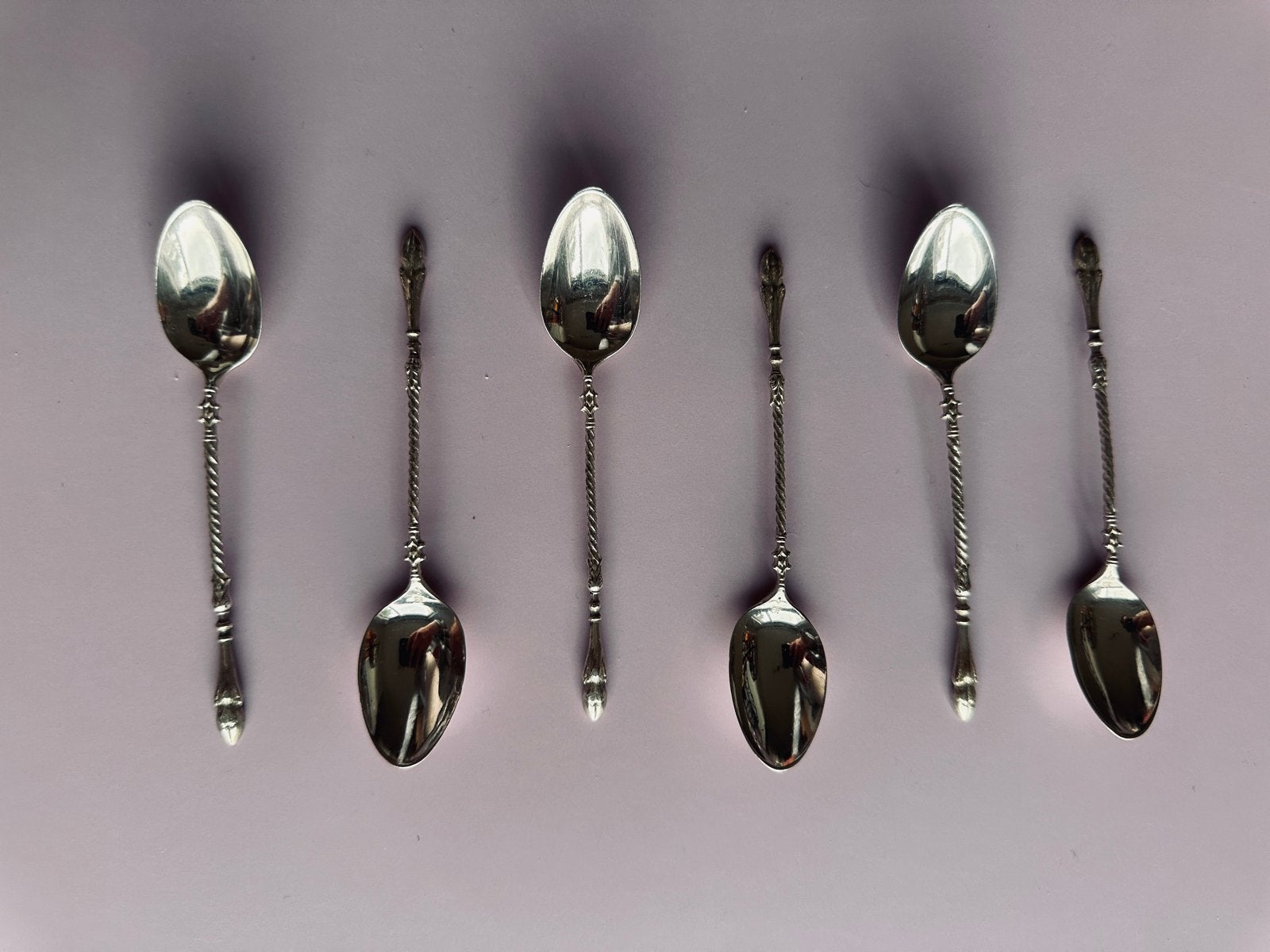 Set van 6 antieke zilveren theelepels met gedraaide steel, Ophalen of Verzenden