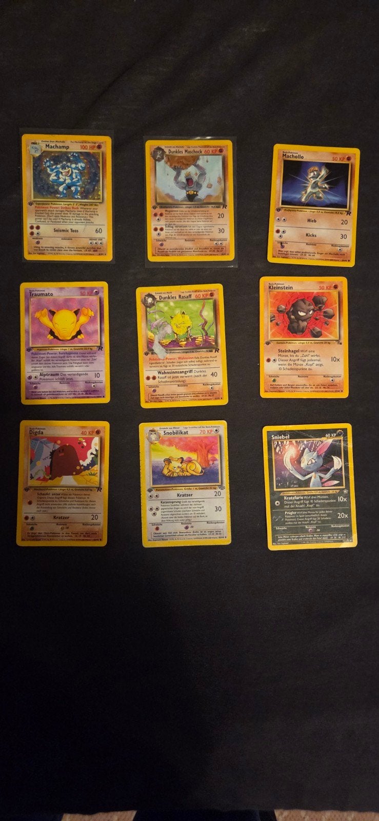 Pokémon Base Set Machamp 1st Edition Holo + 8 Duitse kaarten, Ophalen of Verzenden, Zo goed als nieuw, Meerdere kaarten