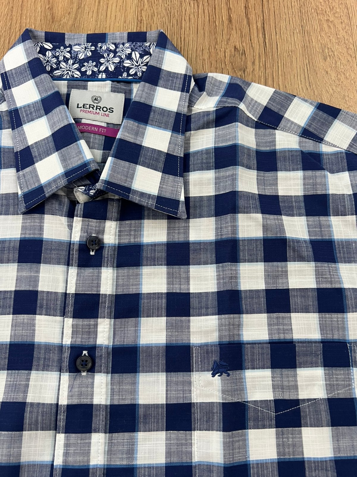Lerros modern fit blauw wit geblokt ruitjes overhemd 17/43, Blauw, Ophalen of Verzenden, Zo goed als nieuw, X