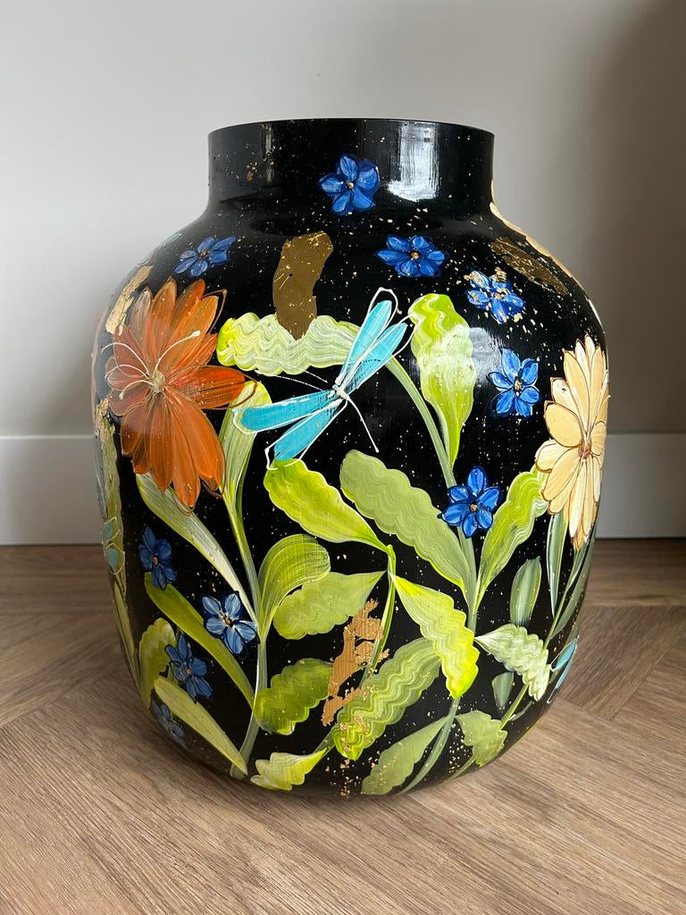 Vaas met bladgoud en bloemen Kunst van Sharon, Ophalen, Overige kleuren, Minder dan 50 cm, Glas