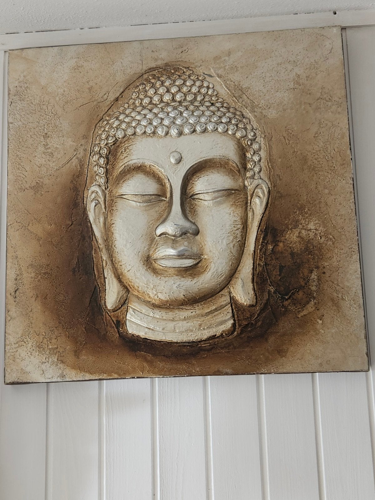 2 Boeddha reliëf schilderijen - 55x55x3 cm, Ophalen, Gebruikt, Met reliëf
