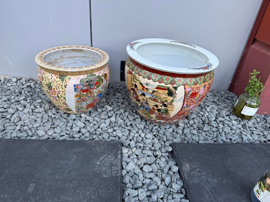 Oosterse potten, bloempot design, Tuin en Terras, Bloempotten, Gebruikt, Rond, Binnen, Minder dan 40 cm