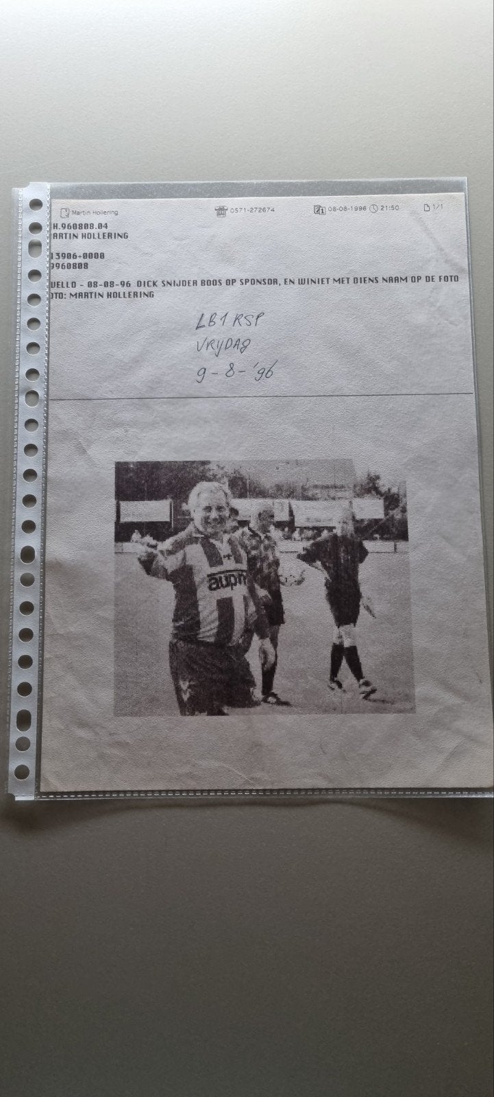 Uniek Telefaxpapier Dick 'Knakkie' Schneider (1996), Ophalen of Verzenden, Zo goed als nieuw, Overige binnenlandse clubs, Overige typen