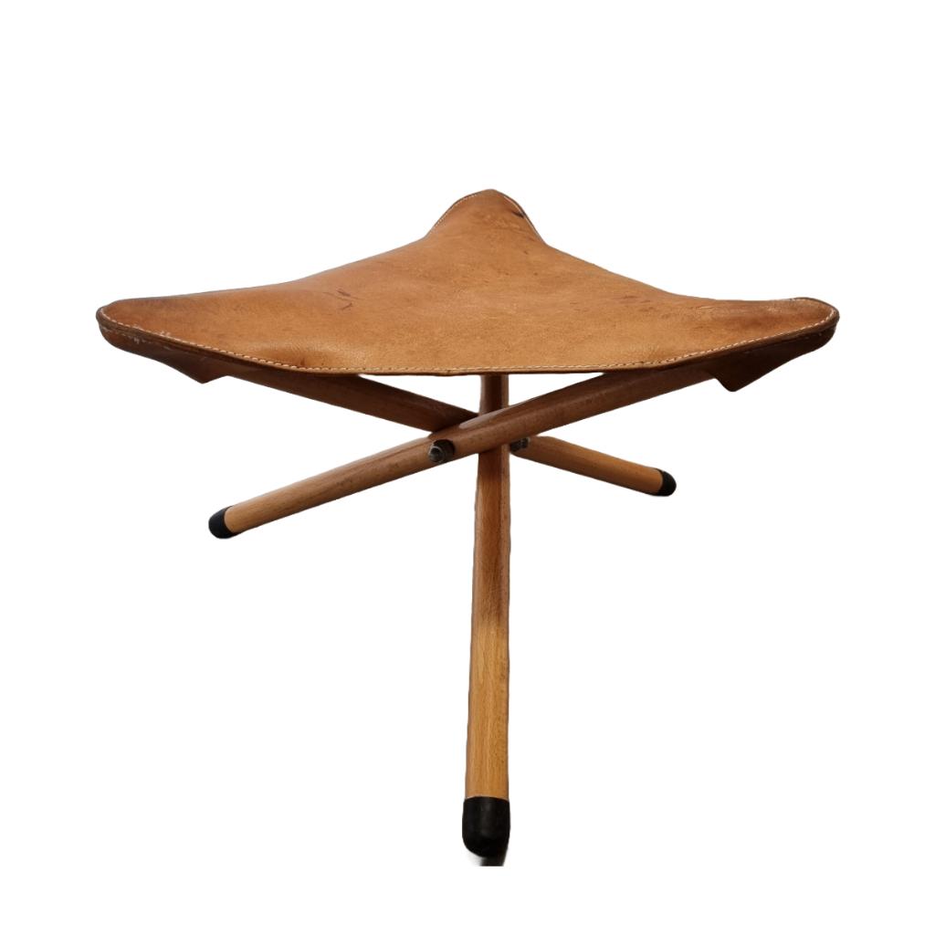 Vintage leren driepoot krukje, Ophalen of Verzenden, Gebruikt, Hout