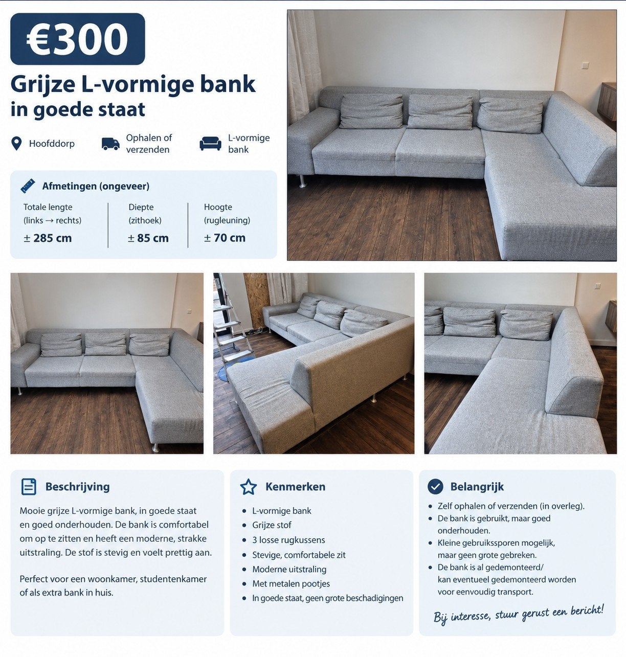 Grijze L-vormige bank in goede staat, Ophalen of Verzenden