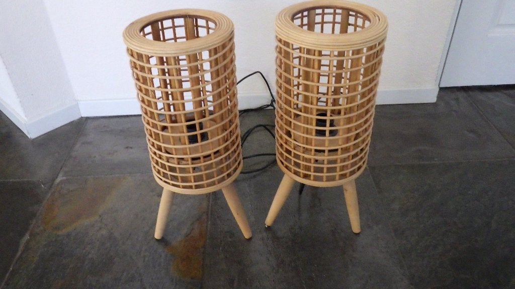 twee mooie houten vloer/tafellampen, Overige typen, Gebruikt, Hout, E27 (groot)