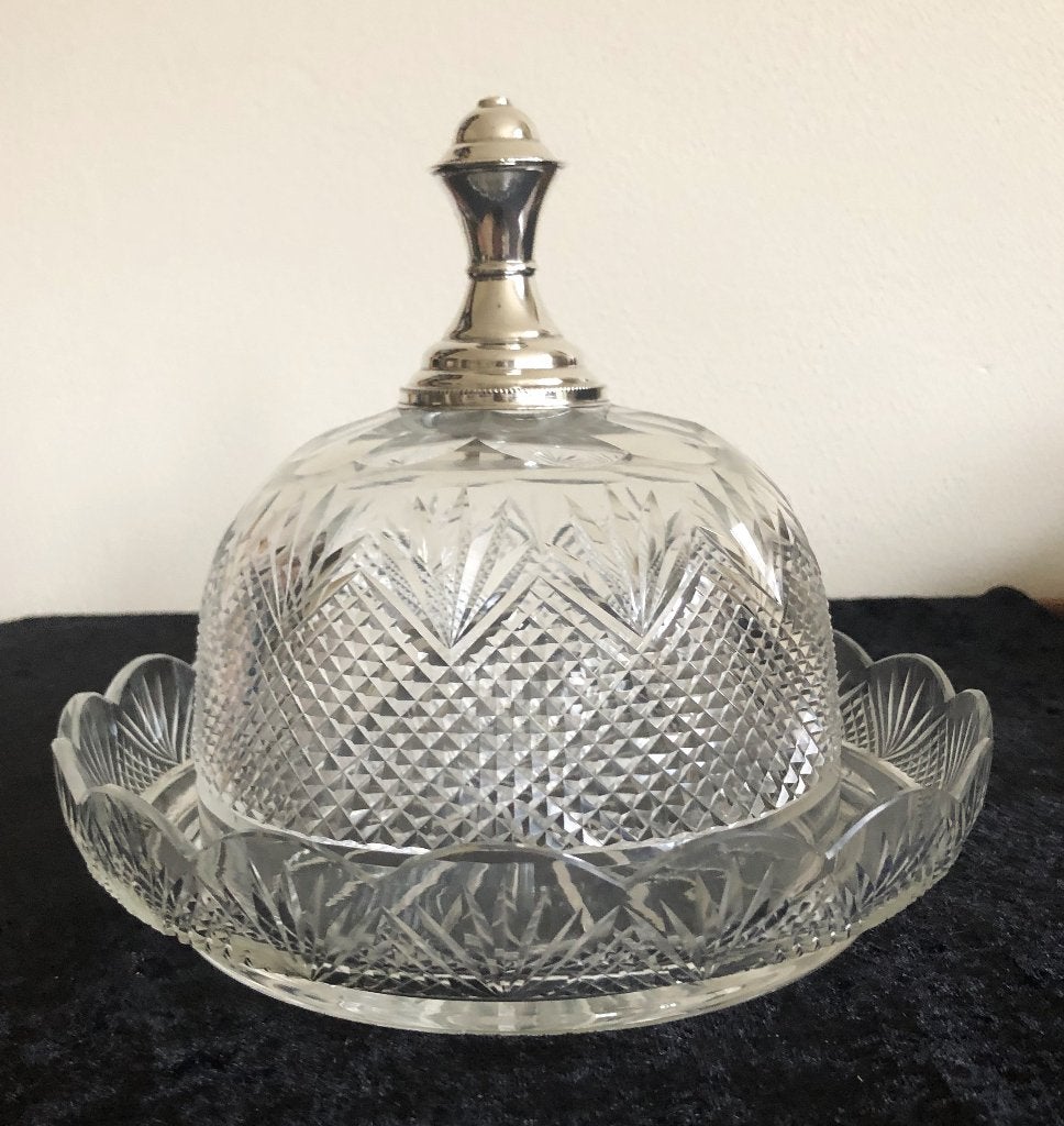 Antieke kaasstolp, ruit / waaier kristal met zilveren knop, Ophalen of Verzenden