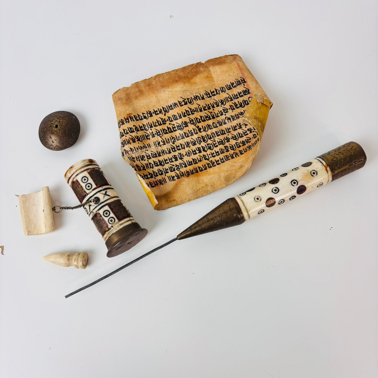 Ethiopisch Ge’ez gebedsscroll met amuletkokers / gebedsmolen, Ophalen of Verzenden