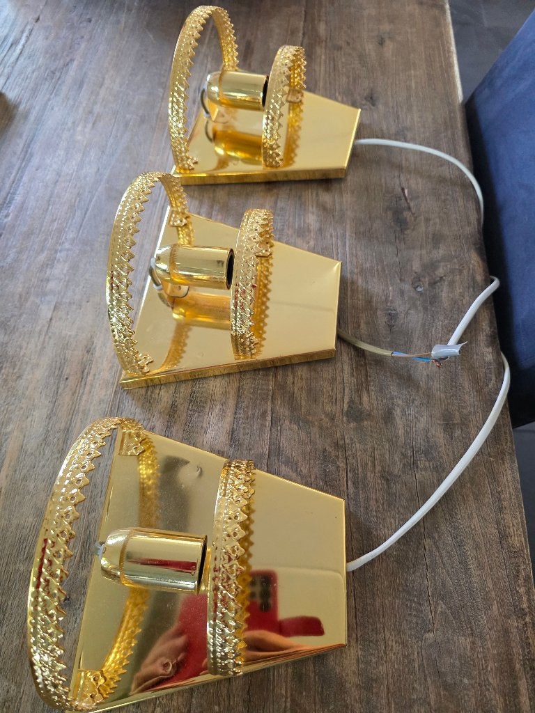 vergulde 24k wandlamp, 3 stuks, E14 (klein), Ophalen of Verzenden, Metaal, Wandlamp