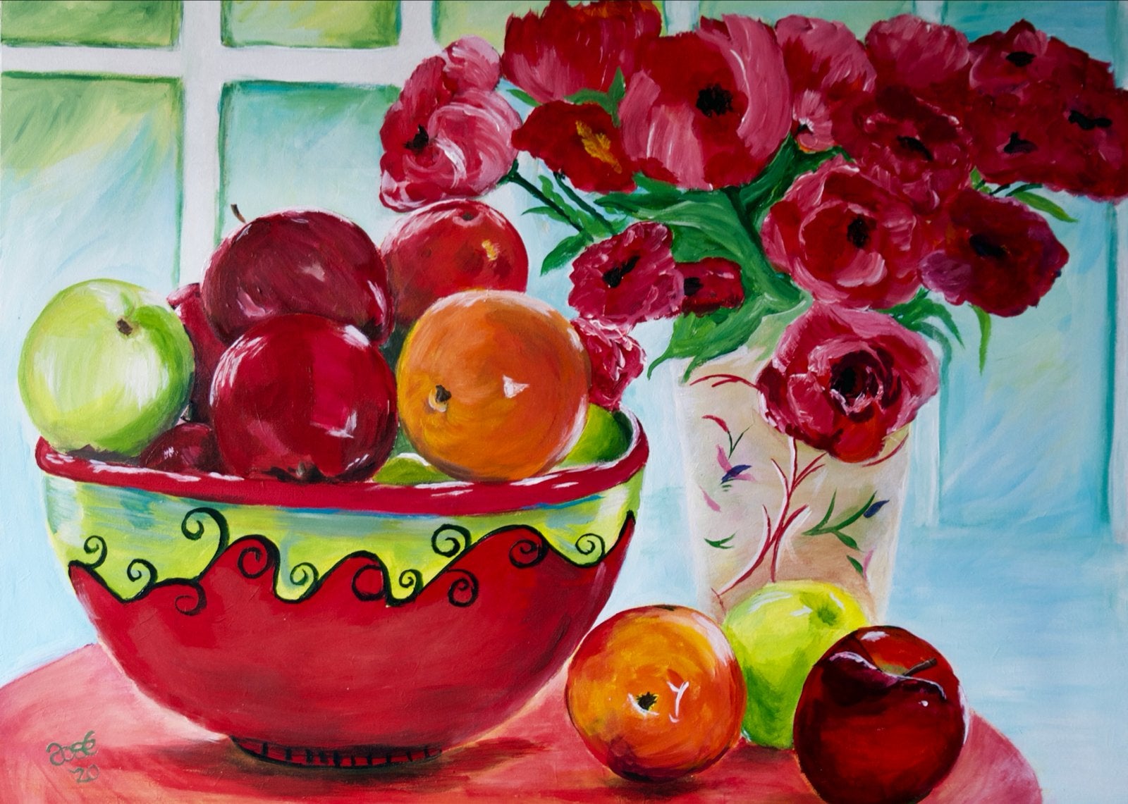 Levendig stilleven met fruit en bloemen, Antiek en Kunst, Realistisch, Stilleven, Ophalen of Verzenden, Handgeschilderd