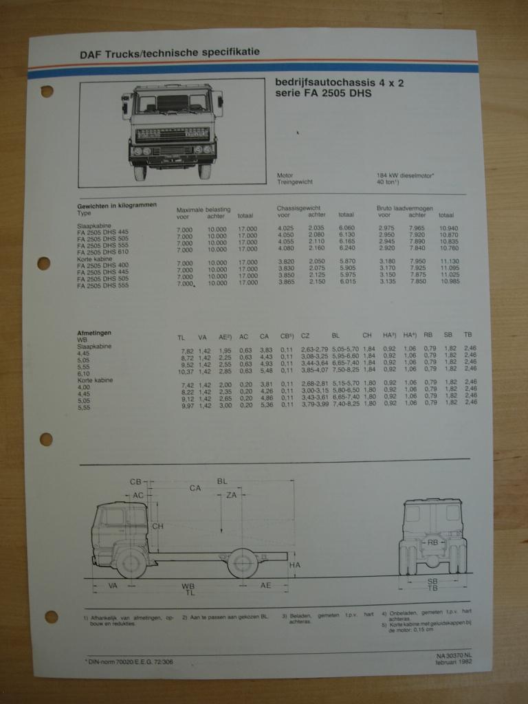 DAF FA 2500 DHS Technische Specificatie Folder 1982 - 4x2, Ophalen of Verzenden, Zo goed als nieuw, Overige merken, DAF