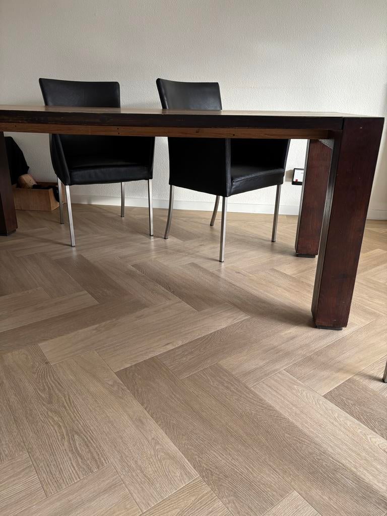 Eikenhouten tafel met 6 leren stoelen, Ophalen, Gebruikt, 100 tot 150 cm, Eikenhout