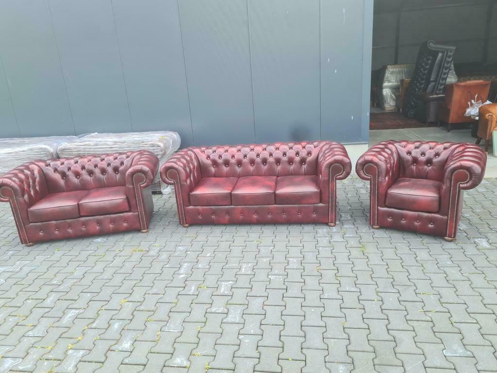 NIEUW Chesterfield bankstel rood zwart + GRATIS BEZORGD, Ophalen of Verzenden, Nieuw, Leer, Chesterfield