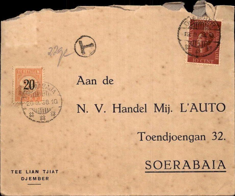 Nederlands Indië - Portzegel Reclame Tee Lian Tjiat Djember, Ophalen of Verzenden, Envelop
