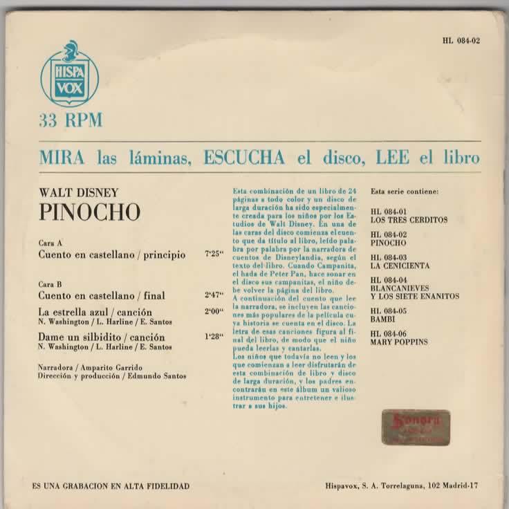Walt Disney- Pinochio- Spaanse uitvoering, Verzenden, Zo goed als nieuw, 7 inch, Pop