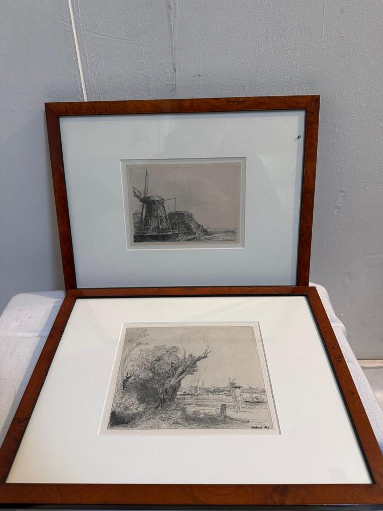 Rembrandt van Rijn landschap molen boom boten gebouwen pers, Antiek en Kunst, Kunst | Etsen en Gravures, Ophalen