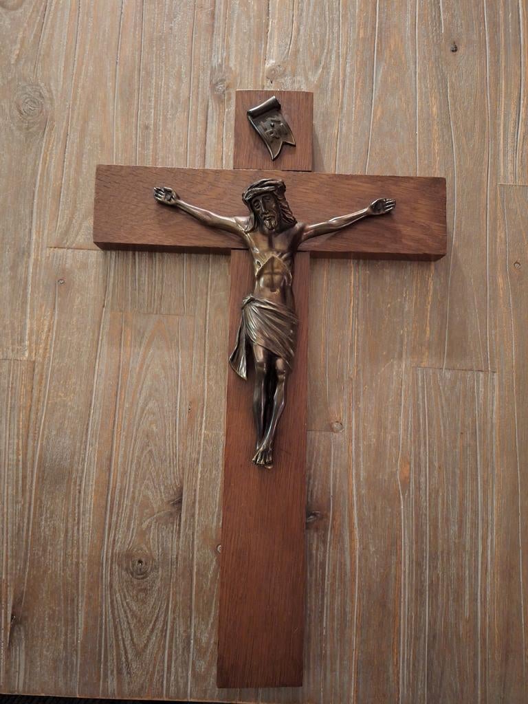 Houten kruis met Jezusfiguur, Antiek en Kunst, Ophalen of Verzenden