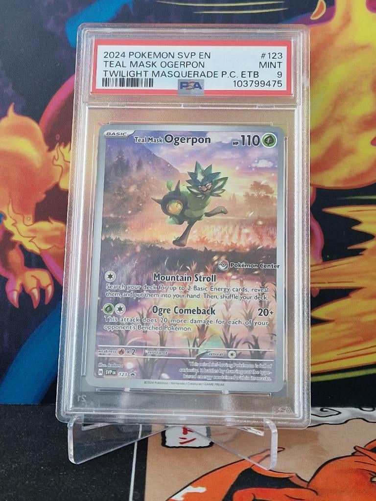 PSA 9 Teal Mask Ogerpon - SVP123 - Pokemon Center Promo, Ophalen of Verzenden, Nieuw, Losse kaart, Foil
