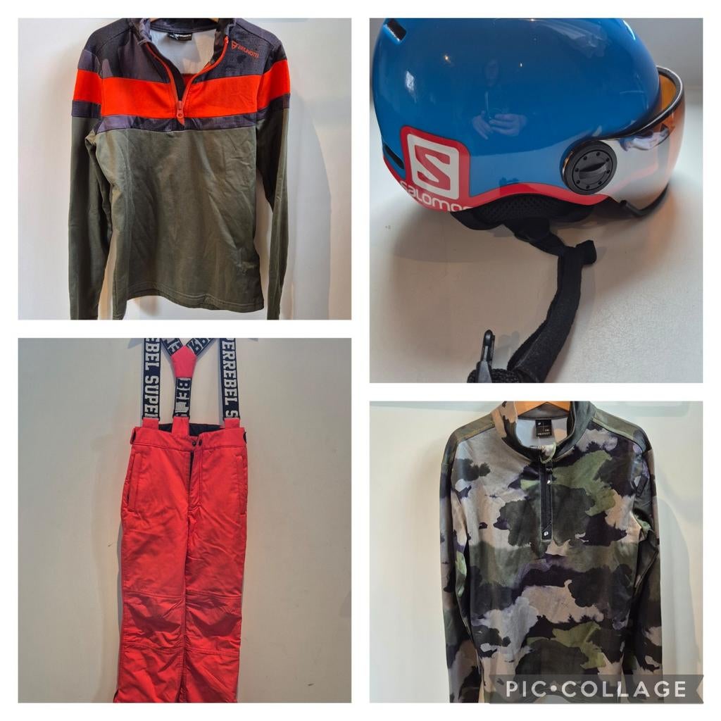 Skikleding set kind (ski shirts, -broek en helm met vizier), Ophalen of Verzenden, Zo goed als nieuw, Maat 140