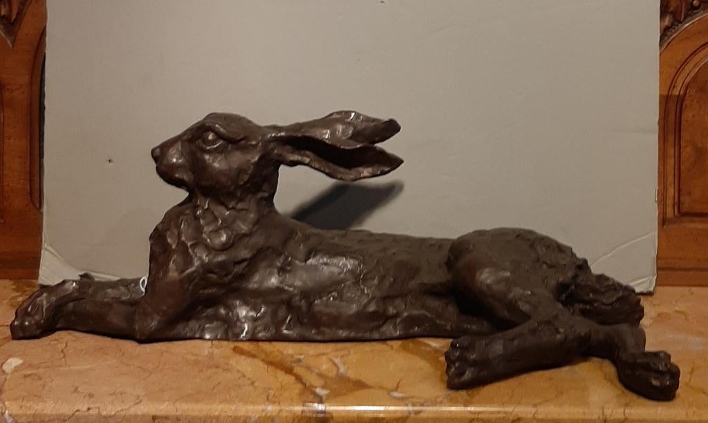 Bronzen beeld van een liggende haas, Ophalen of Verzenden