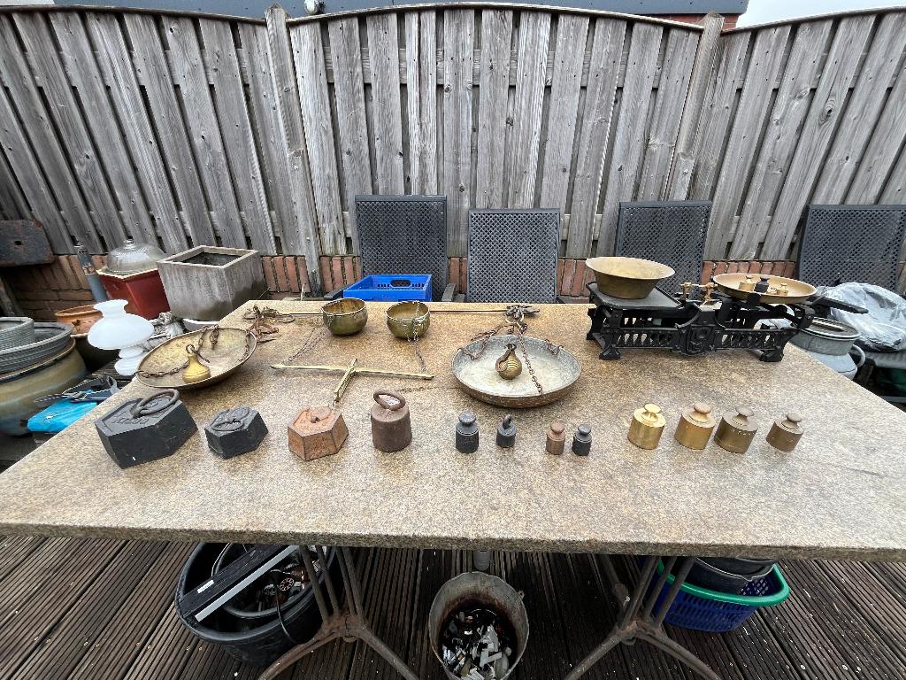 Antieke weegschaal, bascule, balans met (koperen) gewichten, Antiek en Kunst, Ophalen of Verzenden