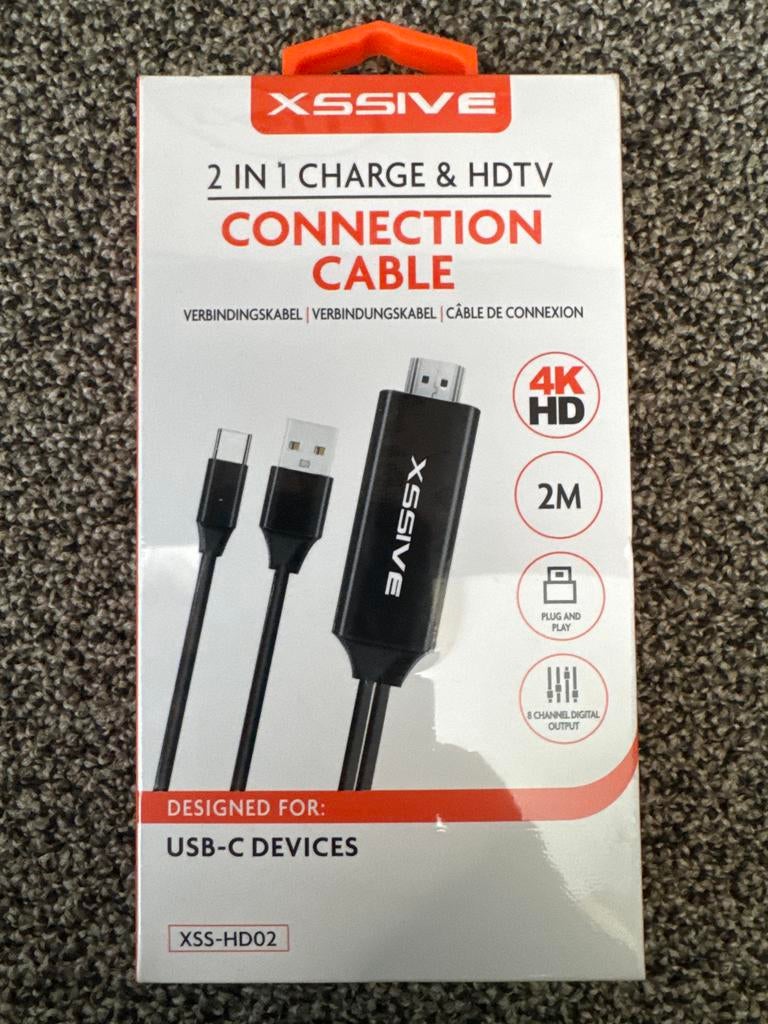 2x XSSIVE 2-in-1 Charge & HDTV Connection Kabel USB-C 2M, Ophalen, Nieuw