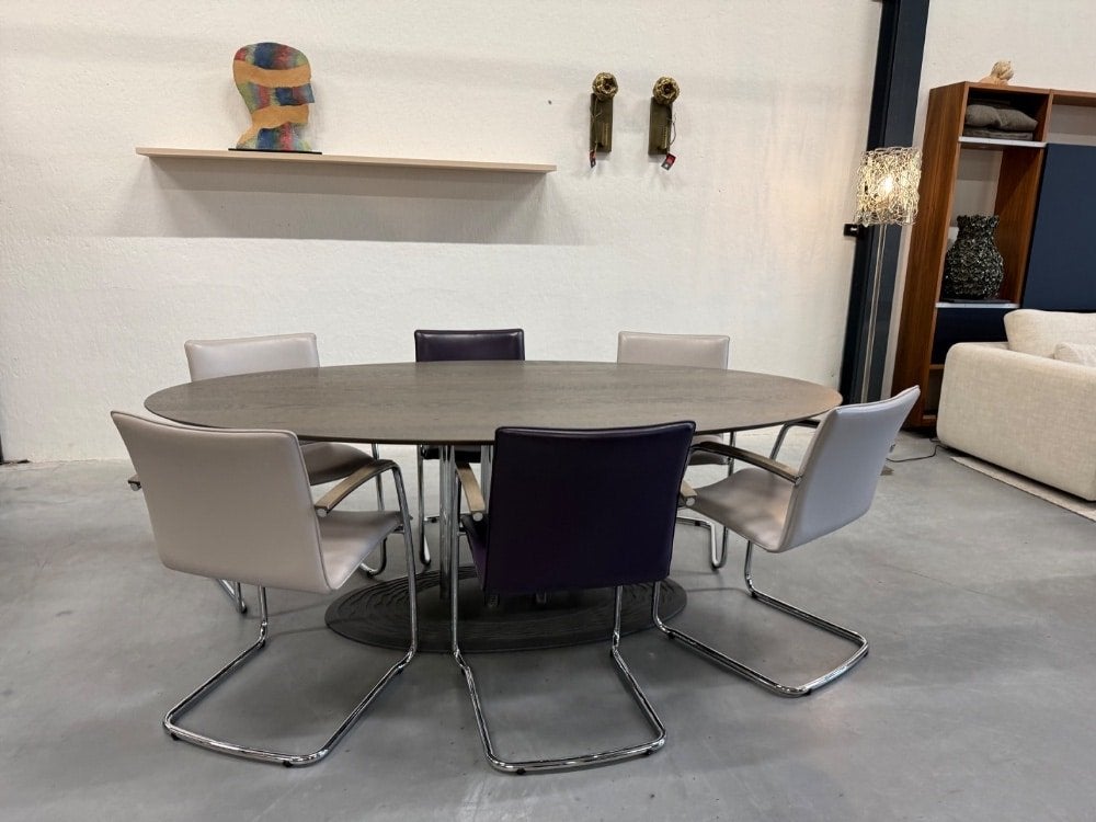 6 Als nieuw Leolux Freyr eetkamerstoelen Paars grijs stoel, Leolux, Info@leolux.nl, Leer, Ophalen of Verzenden