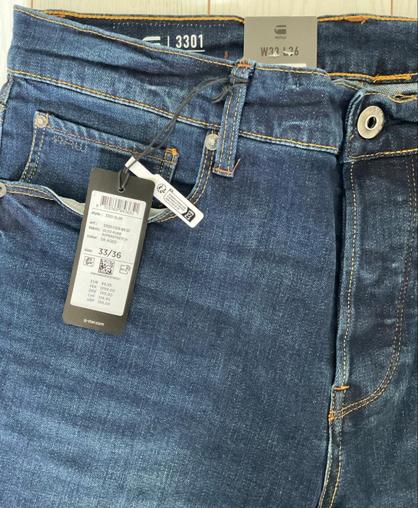 G-Star 3301 Slim Jeans W33 L36 - Nieuw met kaartjes, Ophalen of Verzenden, Nieuw, Blauw, W33 - W34 (confectie 48/50)